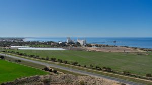Ardrossan silos and bulk grain loading jetty, taken from Ardrossan Lookout.